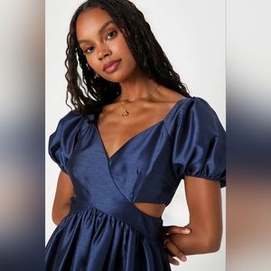 Exceptionally Charming Navy Blue Cutout Puff Sleeve Midi Dress